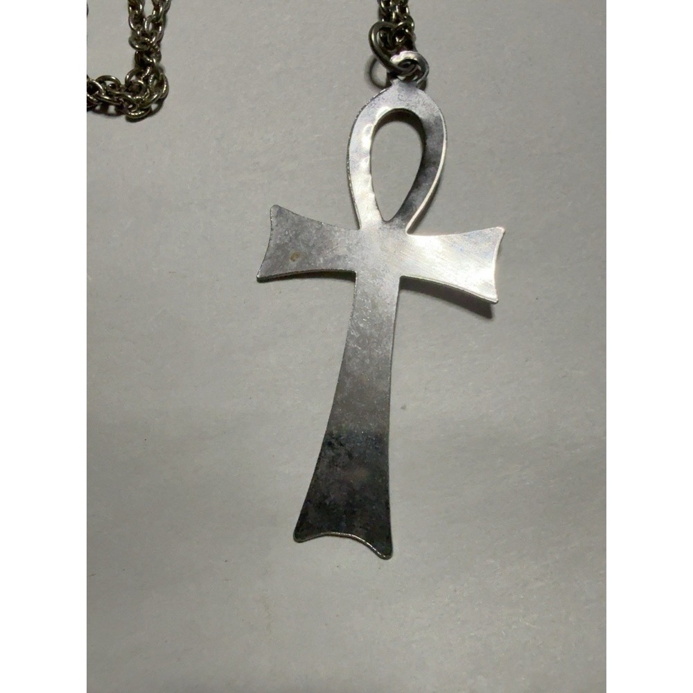 T20255-Vintage Ankh Egyptian Key of Life Pendant Necklace Hammered Silver Tone - Picture 4 of 7